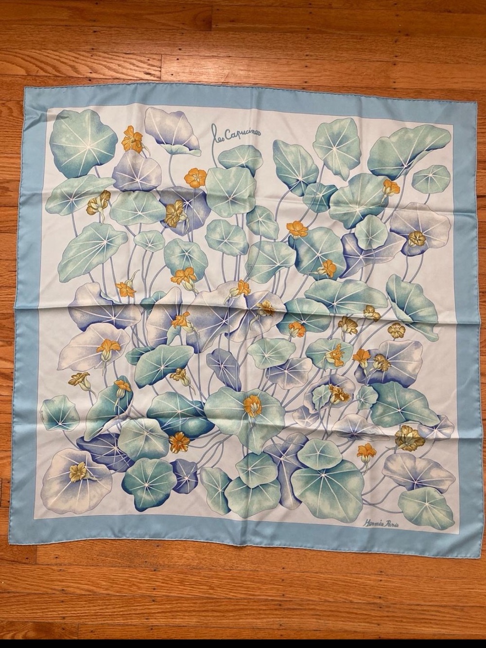 Authentic Hermès Les Capucines 90 Silk Scarf | Blue | Made in France